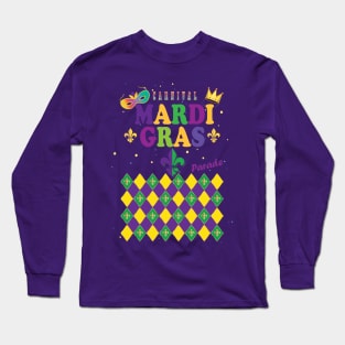 Mardi Gras Carnival Festive Geometrical Fleur de Lis Rhombus Arrangement Pattern, Green, Yellow, Purple color, Festival Party Decoration. Modern Art Long Sleeve T-Shirt